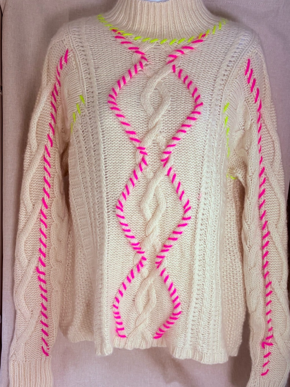 💖 Autumn Cashmere 100% Cashmere Neon Stitch Cable Mock Neck Sweater L